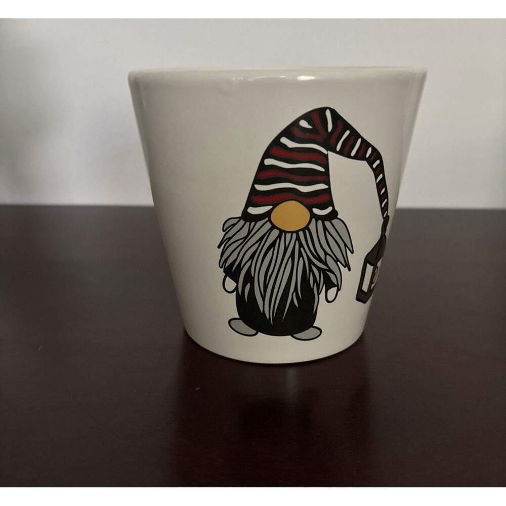 Ceramic white pot with gnome on the front Use as planter or fill with fun candy